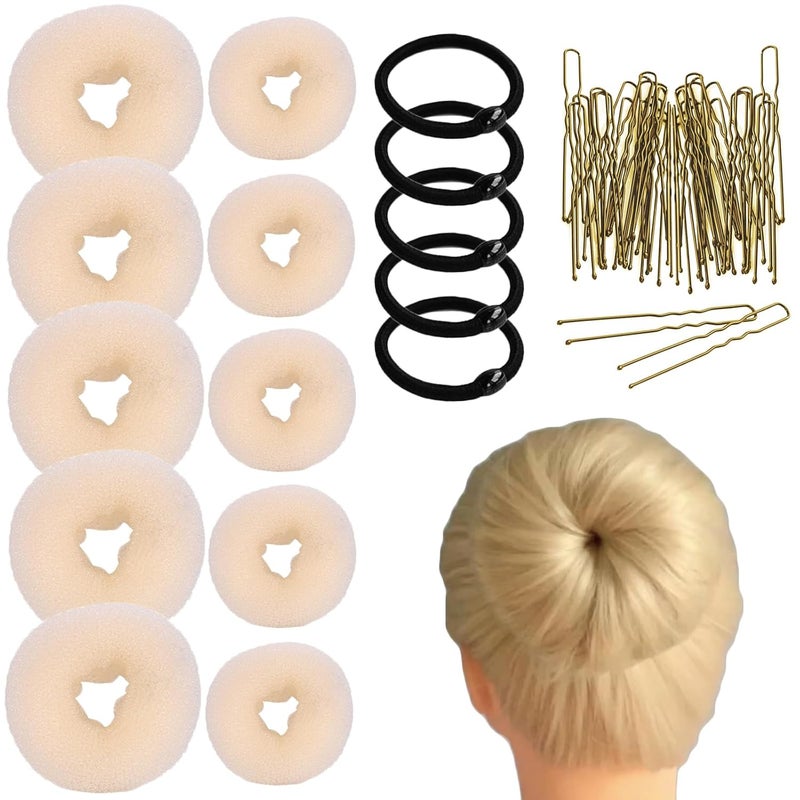 FORESRUM 10 Pcs Hair Bun Maker - Donut Bun Maker for Hair(5 medium and 5 small),Ballet Bun for Women and Kids with Elastic Hair Ties, Hair Pins(Beige) - Image 1